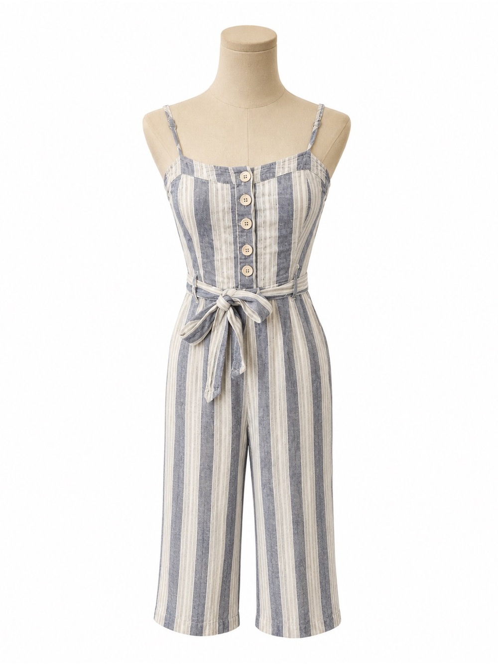Rails Blue White Striped Linen Blend Cropped Jumpsuit Size Small